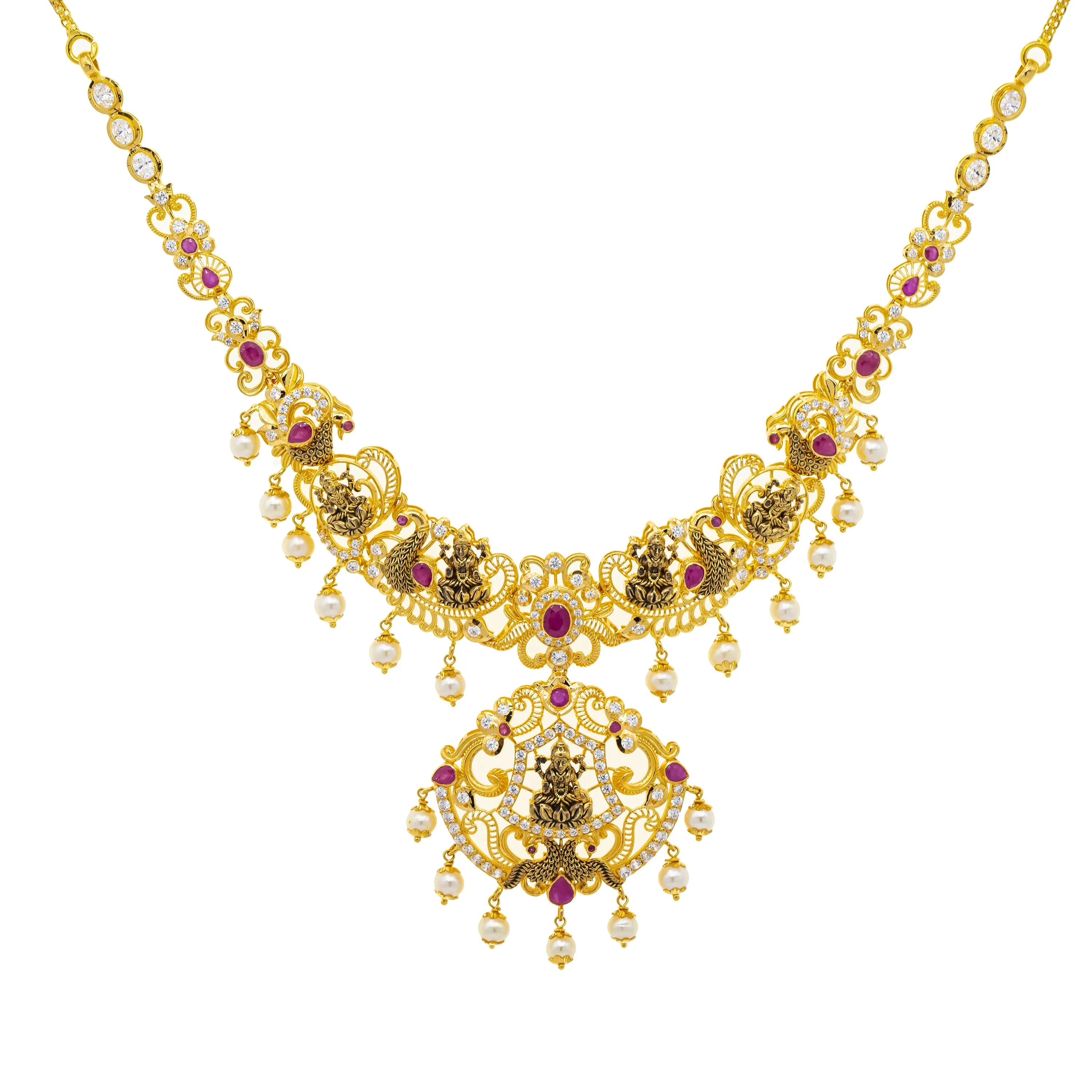 22K Yellow Gold 20 Inch Temple Necklace w/ Ruby, CZ, & Pearl (46.4gm)