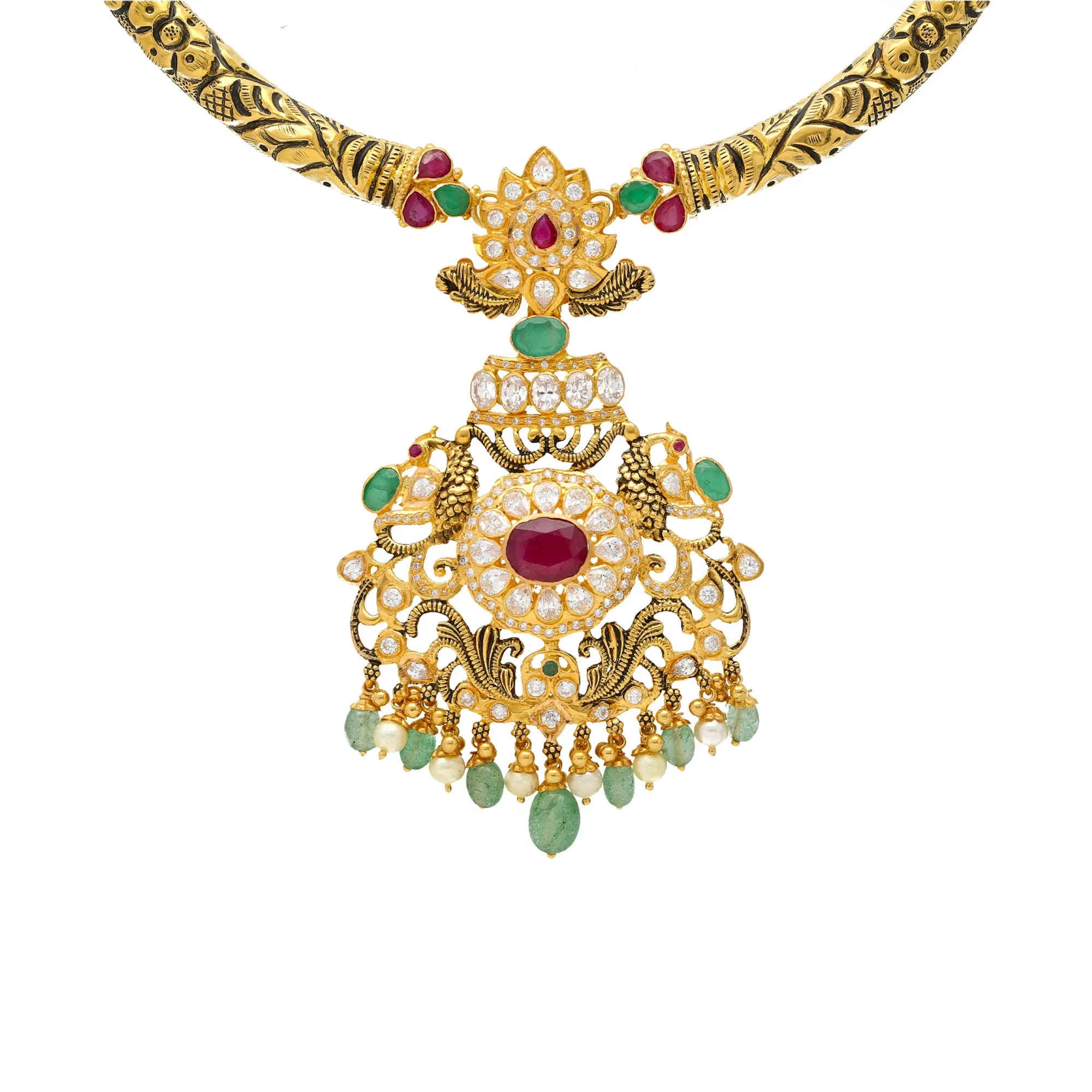 22K Yellow Gold Kanthi Jewelry Set with Gemstones & Pearls (71.3 grams)