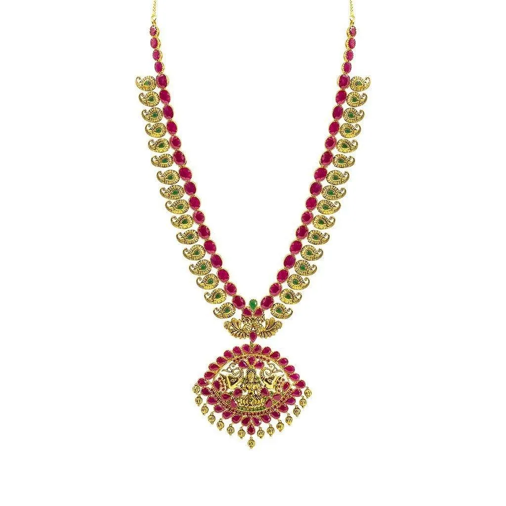 22K Yellow Gold Set Necklace & Earrings W/ Rubies & Emeralds on Laxmi Eyelet Pendant & Engraved Mango Accents