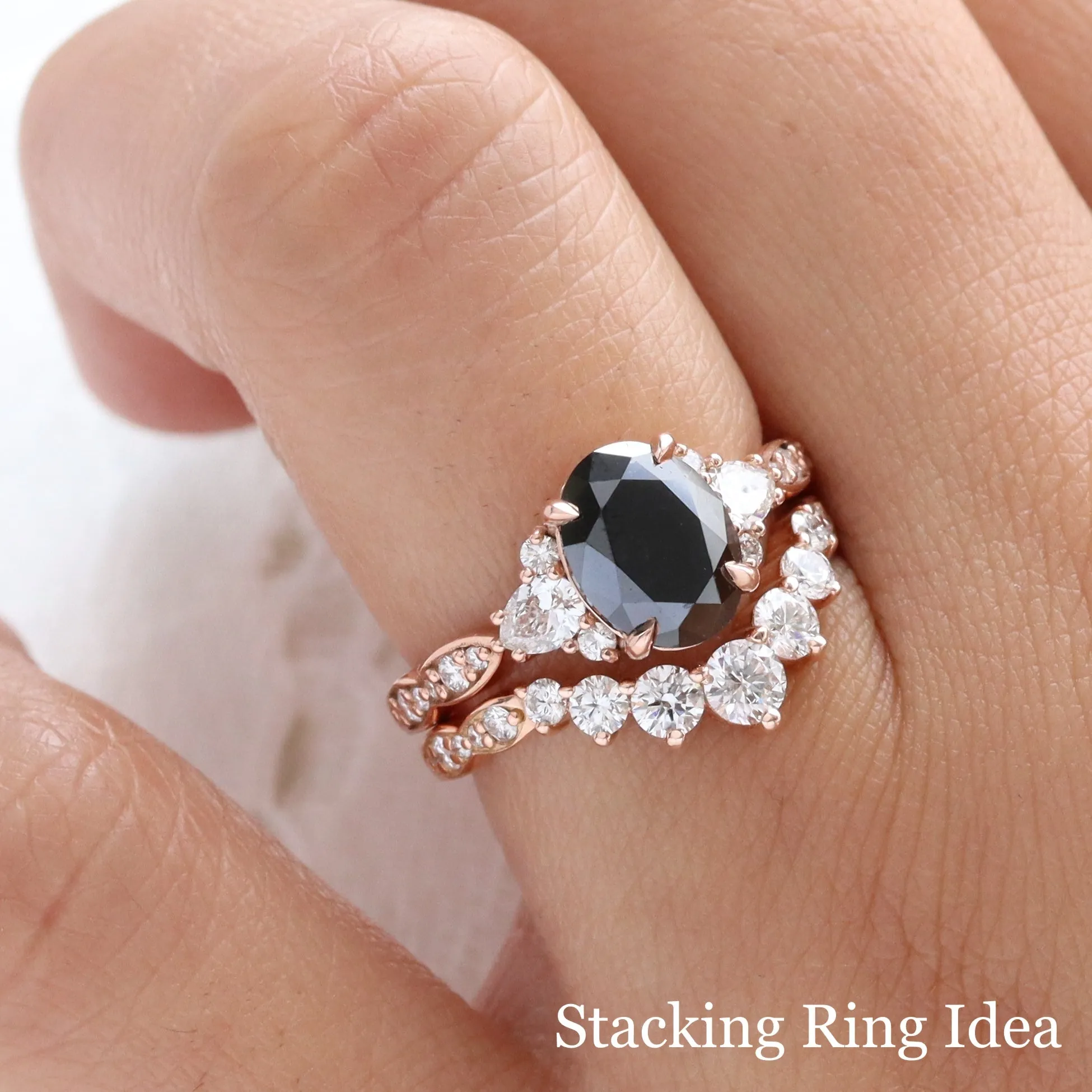 2.65 Ct. Oval Black Diamond Ring in Dahlia 3 Stone Diamond Band