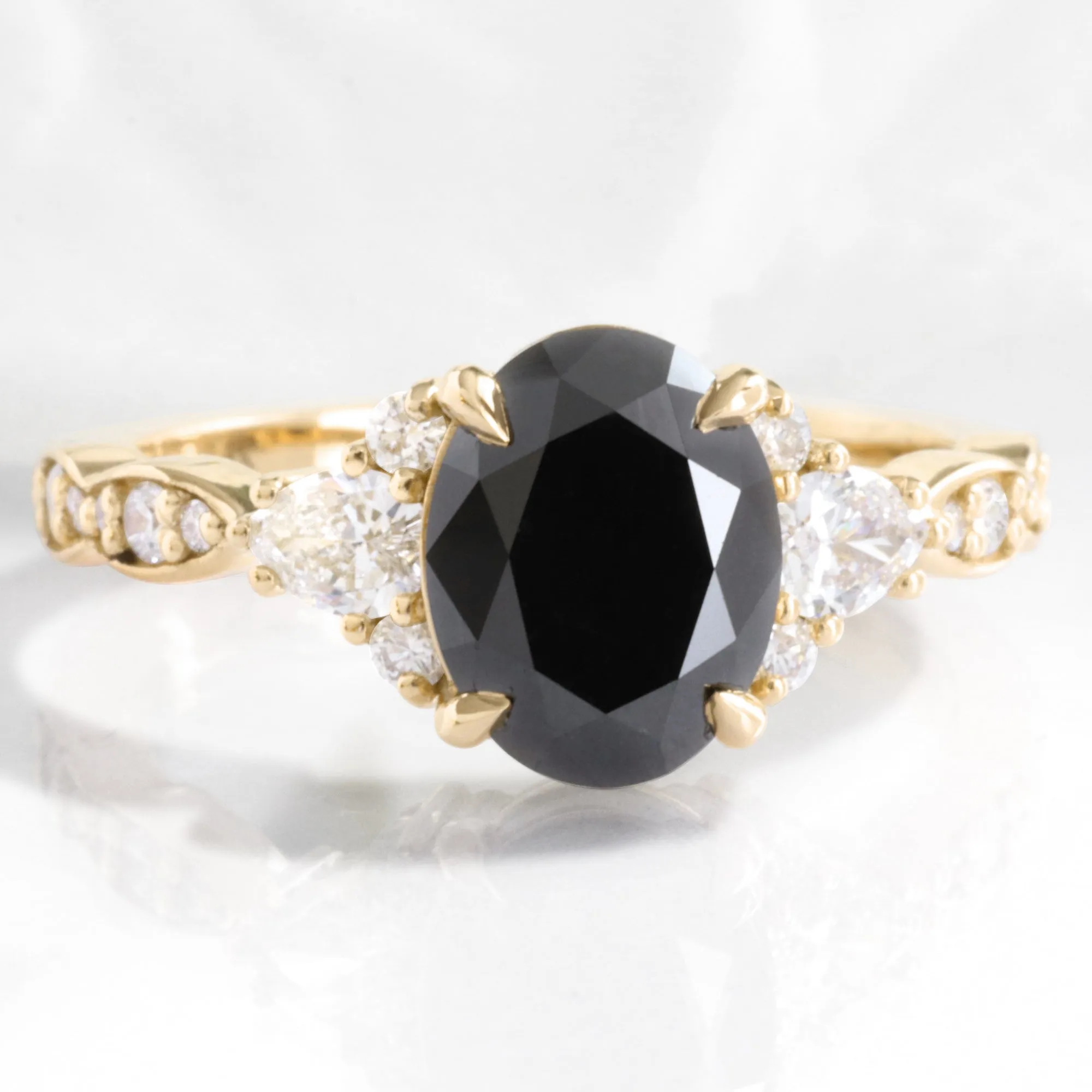 2.65 Ct. Oval Black Diamond Ring in Dahlia 3 Stone Diamond Band