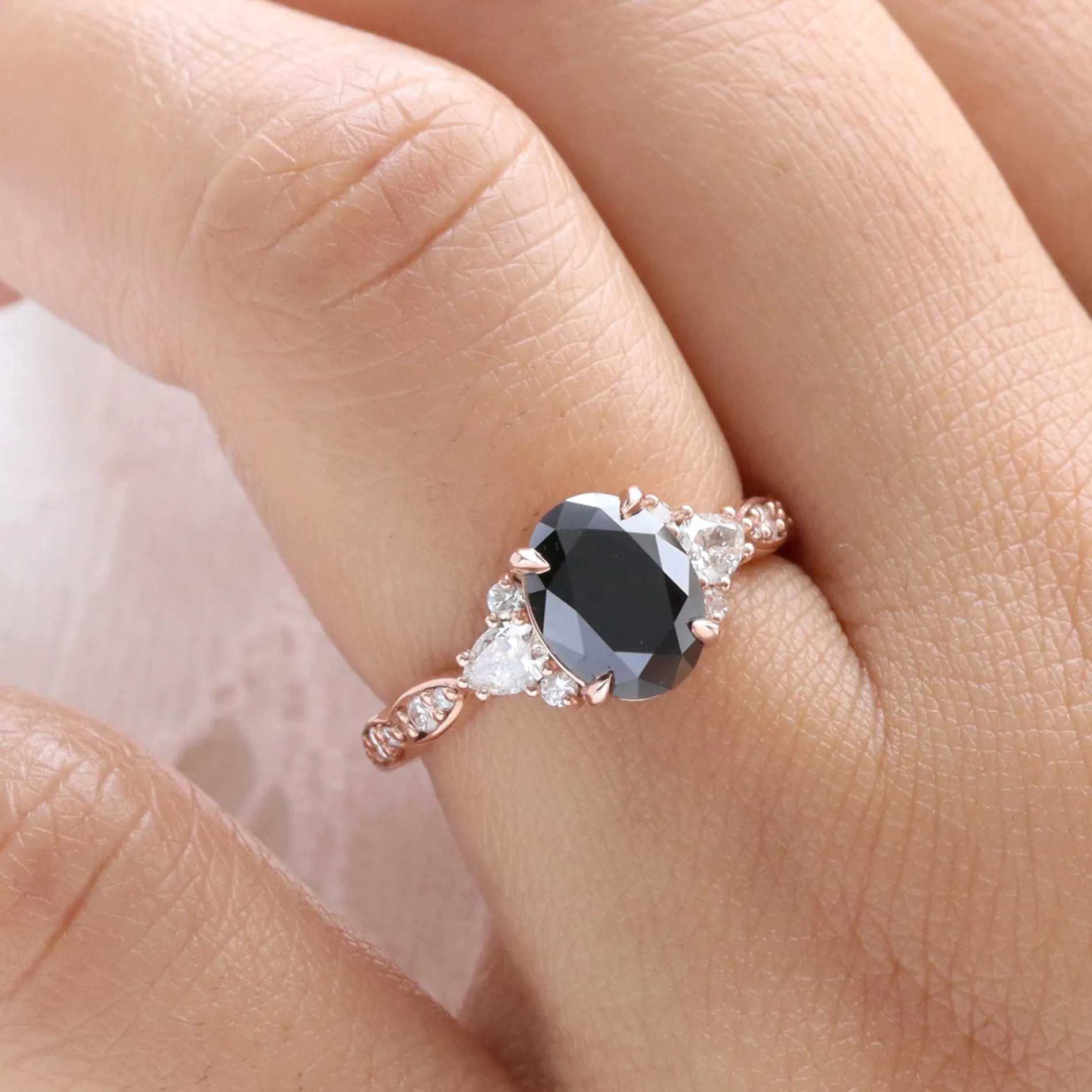 2.65 Ct. Oval Black Diamond Ring in Dahlia 3 Stone Diamond Band