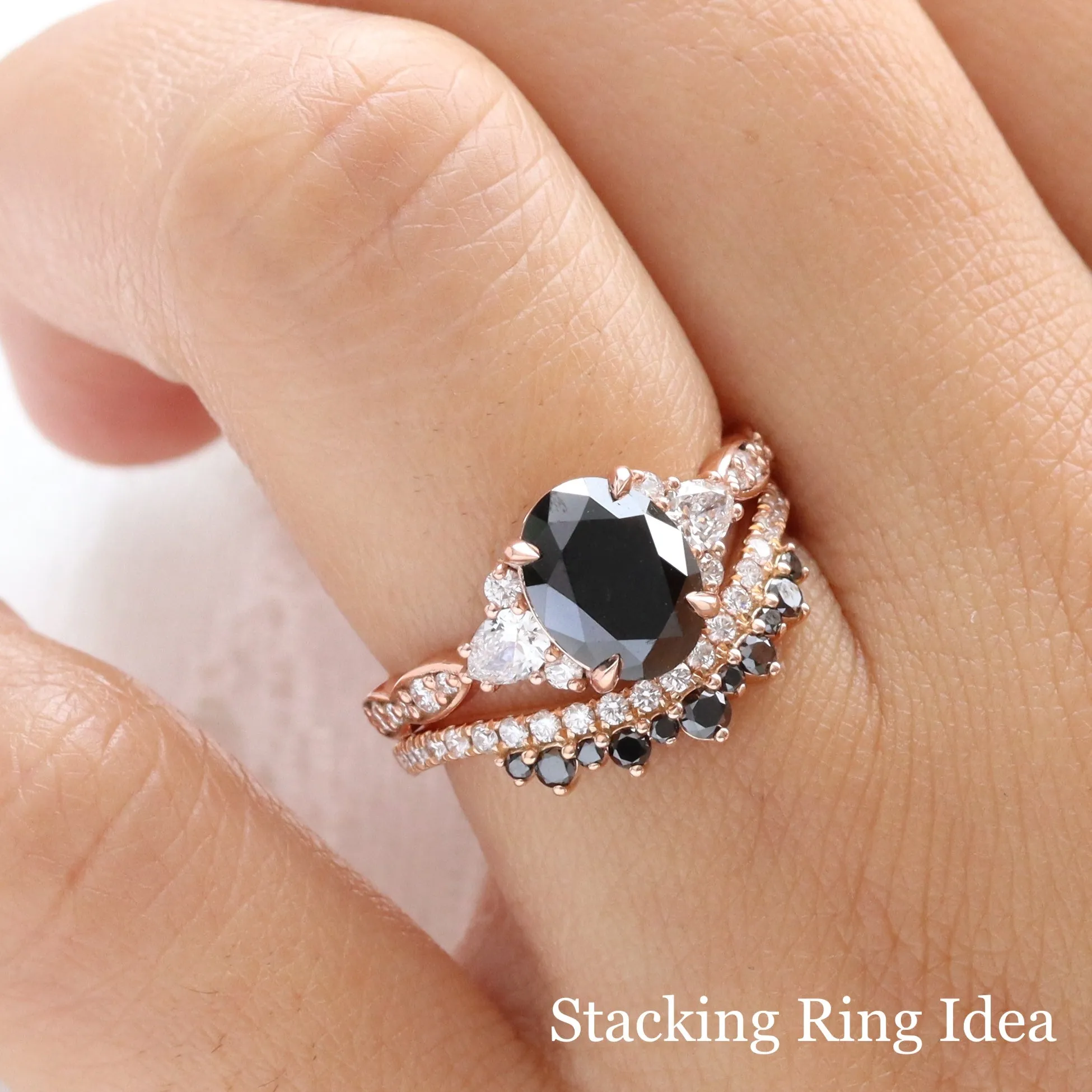 2.65 Ct. Oval Black Diamond Ring in Dahlia 3 Stone Diamond Band