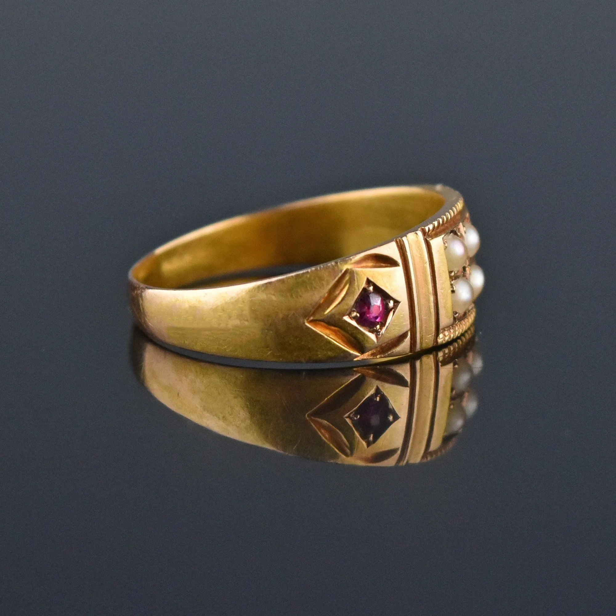 2nd Payment Antique 15K Gold Ruby Pearl Gypsy Band Ring, C 1880s