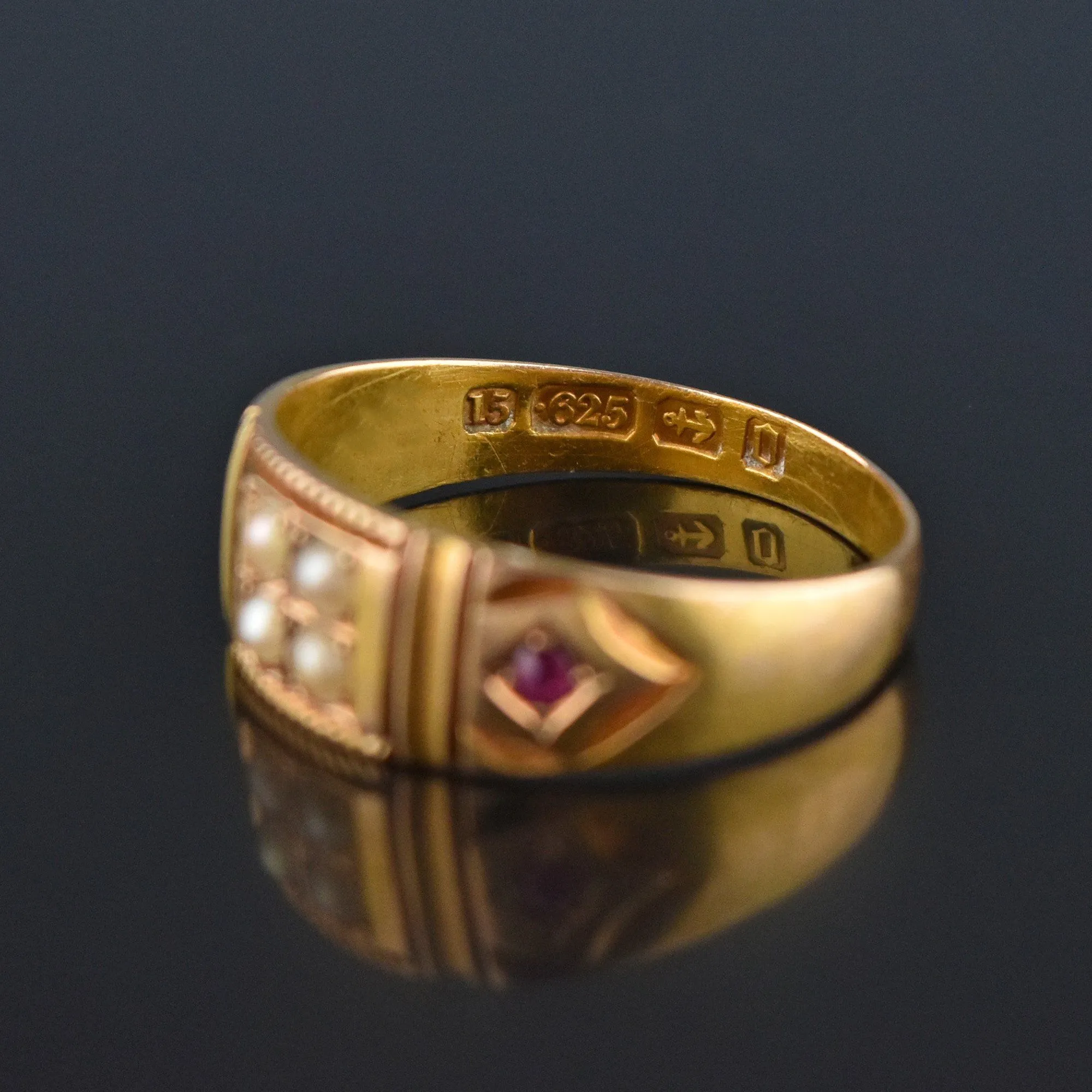 2nd Payment Antique 15K Gold Ruby Pearl Gypsy Band Ring, C 1880s