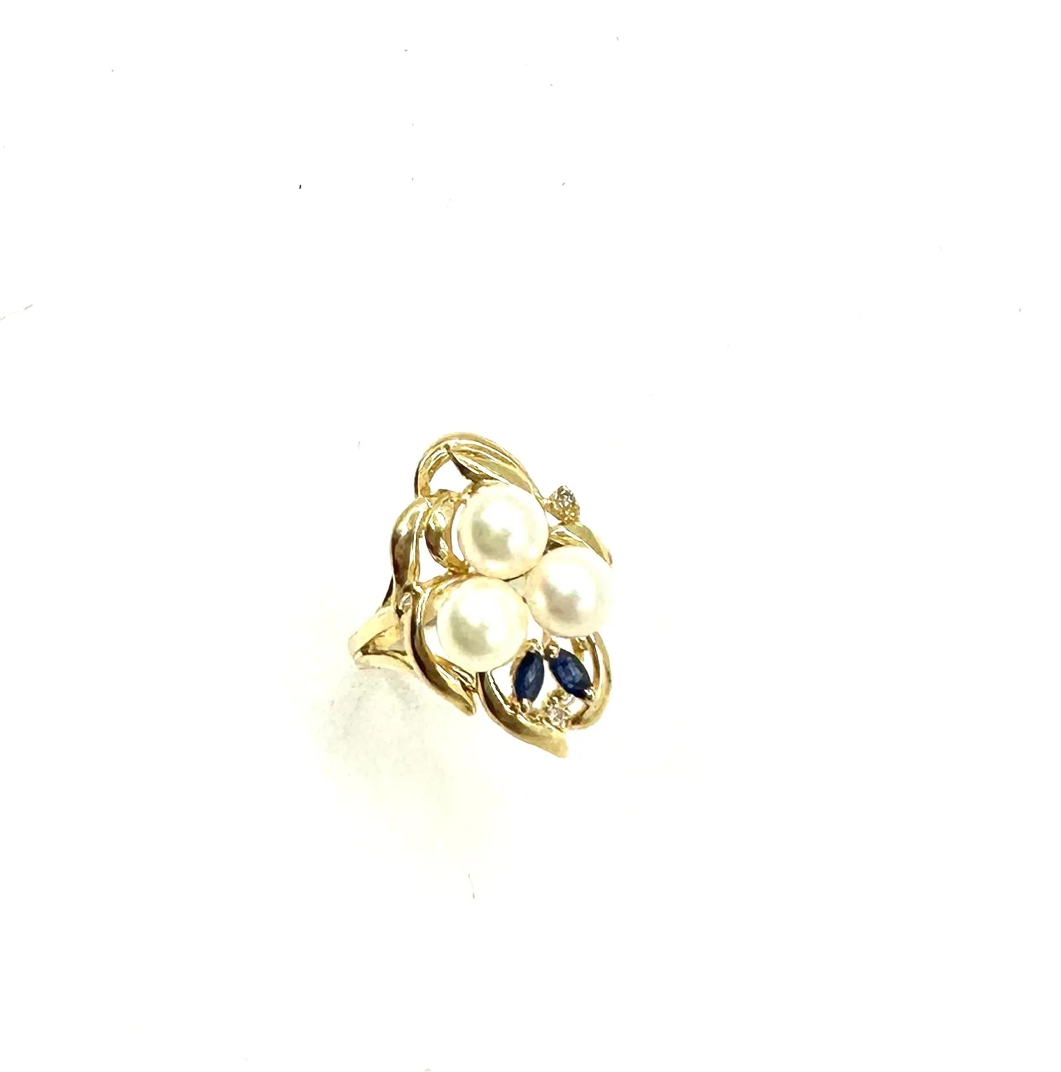 3 Stone Pearl Ring W/ Sapphire & Diamond Accent