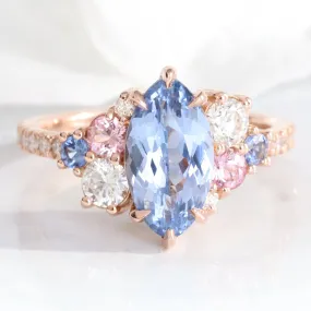 3.10 Ct Marquise Blue Sapphire Ring in 14k Rose Gold Cluster Diamond Ring Size 6.5