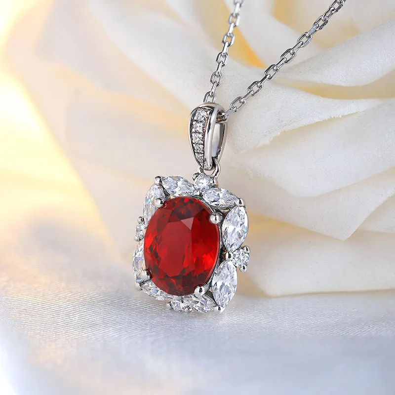 3.6 Carat Oval Lab Created Ruby Pendant Necklace with Rectangular Halo in 925 Silver Plated Platinum - Pigeon Blood Red