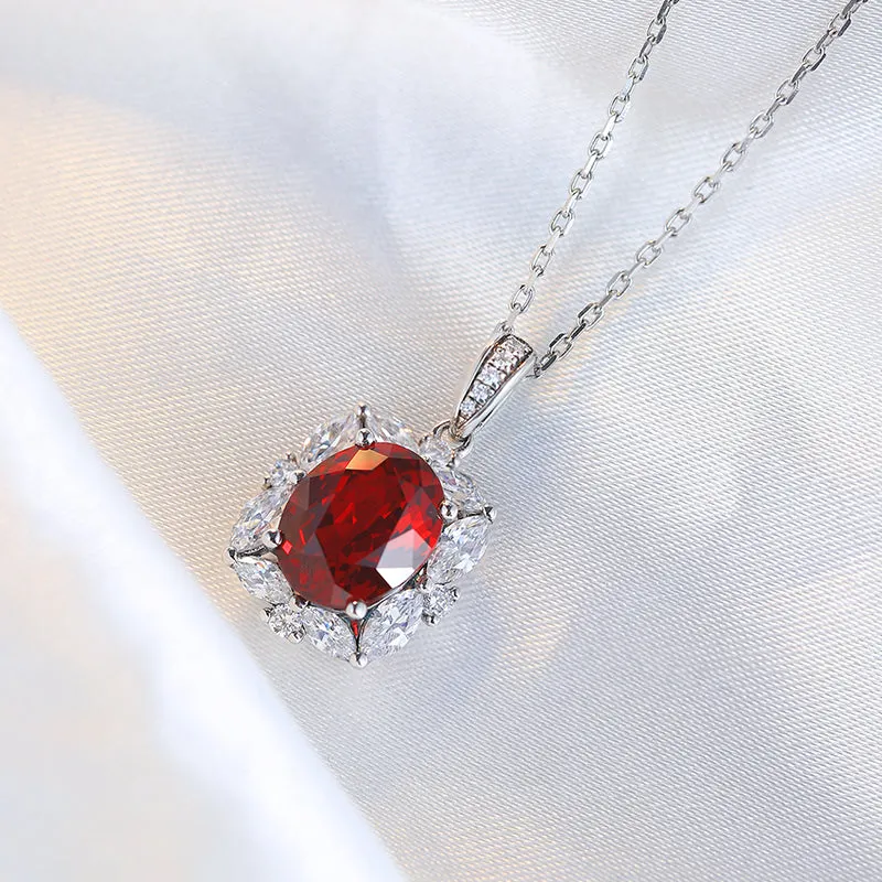 3.6 Carat Oval Lab Created Ruby Pendant Necklace with Rectangular Halo in 925 Silver Plated Platinum - Pigeon Blood Red