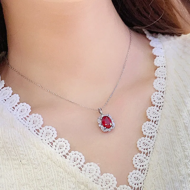 3.6 Carat Oval Lab Created Ruby Pendant Necklace with Rectangular Halo in 925 Silver Plated Platinum - Pigeon Blood Red