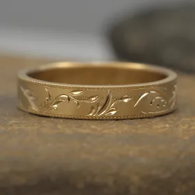 4x1mm Branches and Leaves Variation 1 14kt Yellow Gold Bright Cut Engraved Band