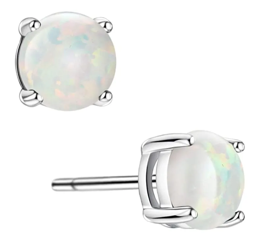 5mm Simulated-Opal Stud Earring Silver Color Metal Alloy Round Opal Earring Womens Gold Earrings Simulated-Opal Earrings Round Cut (1 Carat)