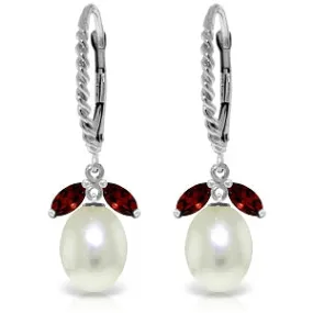 9 Carat 14K Solid White Gold Leverback Earrings Garnet Pearl