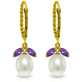 9 Carat 14K Solid Yellow Gold Leverback Earrings Amethyst Pearl