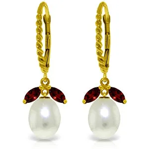 9 Carat 14K Solid Yellow Gold Leverback Earrings Garnet Pearl