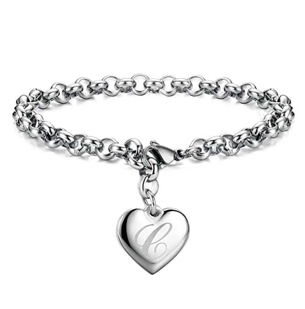 925 Sterling Silver A-Z Letter Heart Charm Bracelets