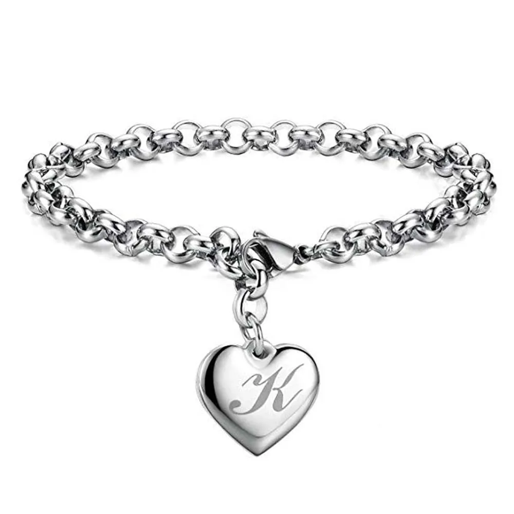 925 Sterling Silver A-Z Letter Heart Charm Bracelets