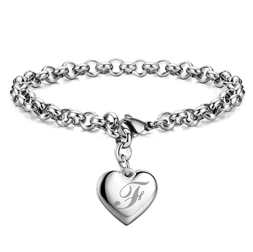 925 Sterling Silver A-Z Letter Heart Charm Bracelets