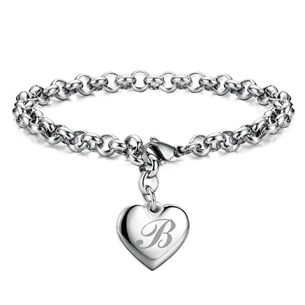 925 Sterling Silver A-Z Letter Heart Charm Bracelets