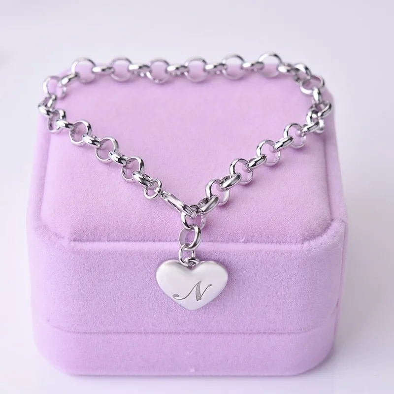 925 Sterling Silver A-Z Letter Heart Charm Bracelets