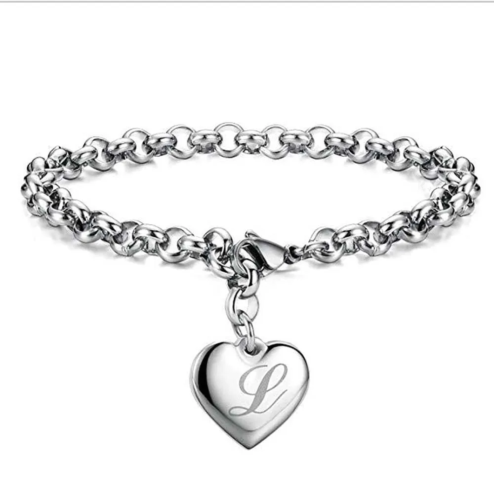 925 Sterling Silver A-Z Letter Heart Charm Bracelets