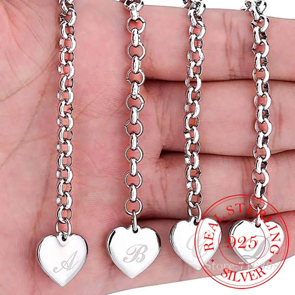 925 Sterling Silver A-Z Letter Heart Charm Bracelets