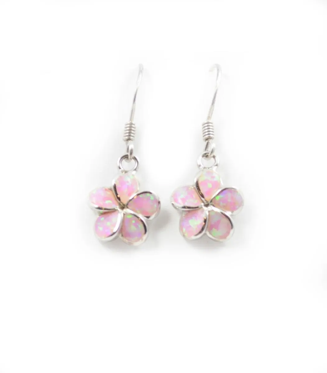 925 Sterling Silver Hawaiian Princess Plumeria Earrings For Women, Girls and Children. Dangle Earrings With Opal Inlay. Classic Hawaiian Island, Tropical Flower Jewelry.