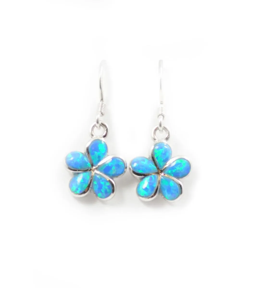 925 Sterling Silver Hawaiian Princess Plumeria Earrings For Women, Girls and Children. Dangle Earrings With Opal Inlay. Classic Hawaiian Island, Tropical Flower Jewelry.