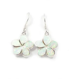 925 Sterling Silver Hawaiian Princess Plumeria Earrings For Women, Girls and Children. Dangle Earrings With Opal Inlay. Classic Hawaiian Island, Tropical Flower Jewelry.