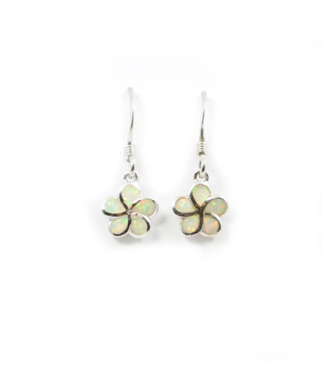 925 Sterling Silver Hawaiian Princess Plumeria Earrings For Women, Girls and Children. Dangle Earrings With Opal Inlay. Classic Hawaiian Island, Tropical Flower Jewelry.