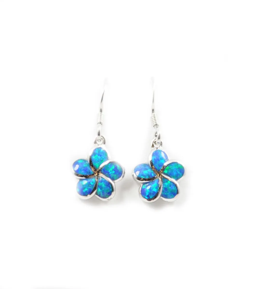 925 Sterling Silver Hawaiian Princess Plumeria Earrings For Women, Girls and Children. Dangle Earrings With Opal Inlay. Classic Hawaiian Island, Tropical Flower Jewelry.