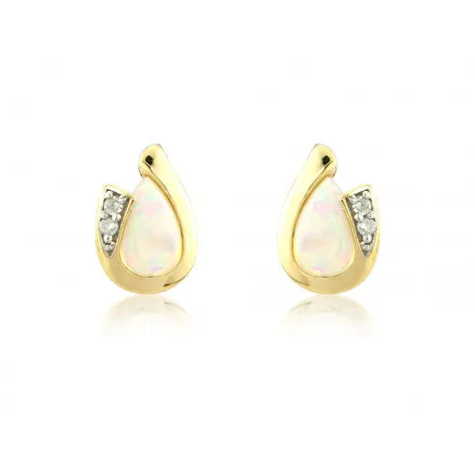 9ct Gold Opal And Diamond Curl Earrings