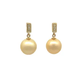 9K Yellow Gold South Sea Cultured 10 - 11mm Pearl and Diamond Drop Earrings