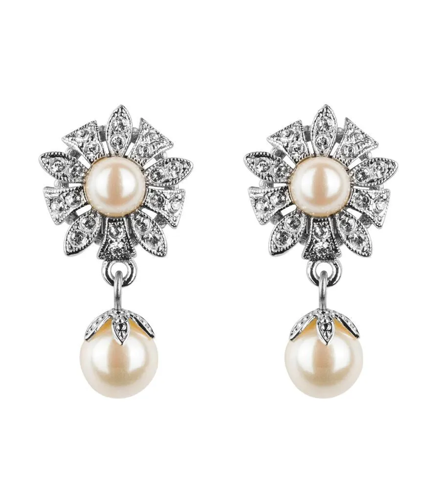 Antique Style Flower Pearl Clip On Earrings