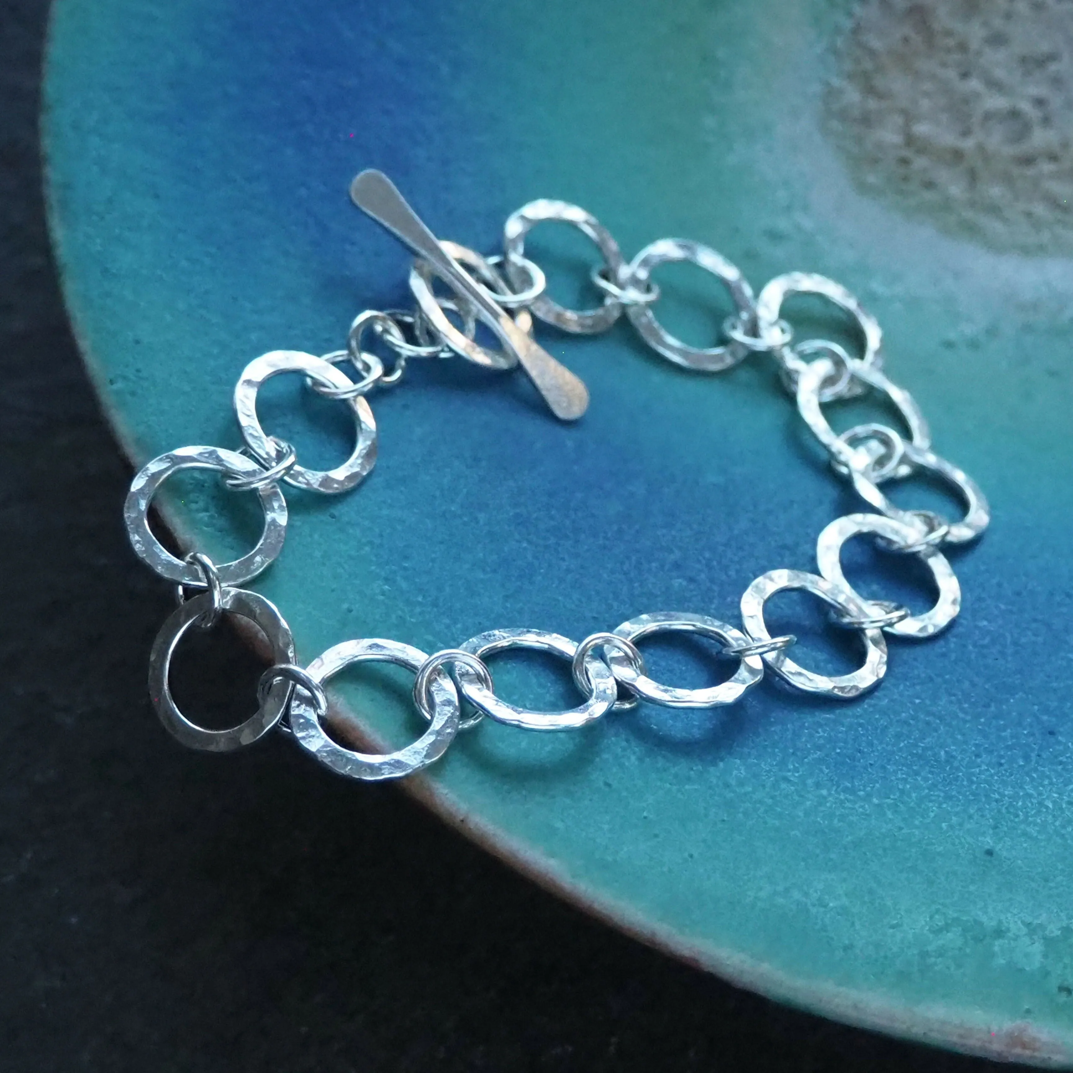 Argentium Silver Round Link Hallmarked Bracelet - Hammered Silver