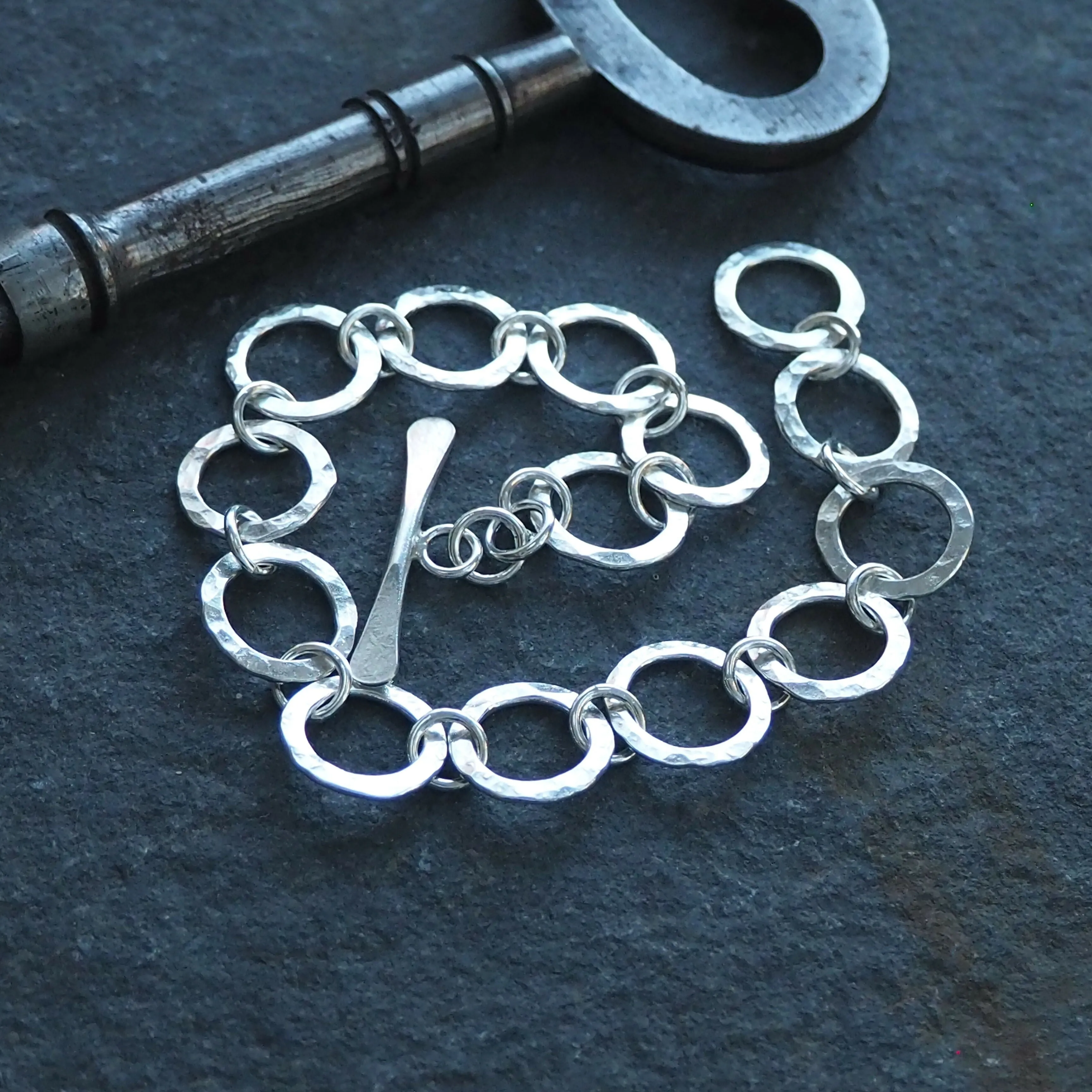 Argentium Silver Round Link Hallmarked Bracelet - Hammered Silver