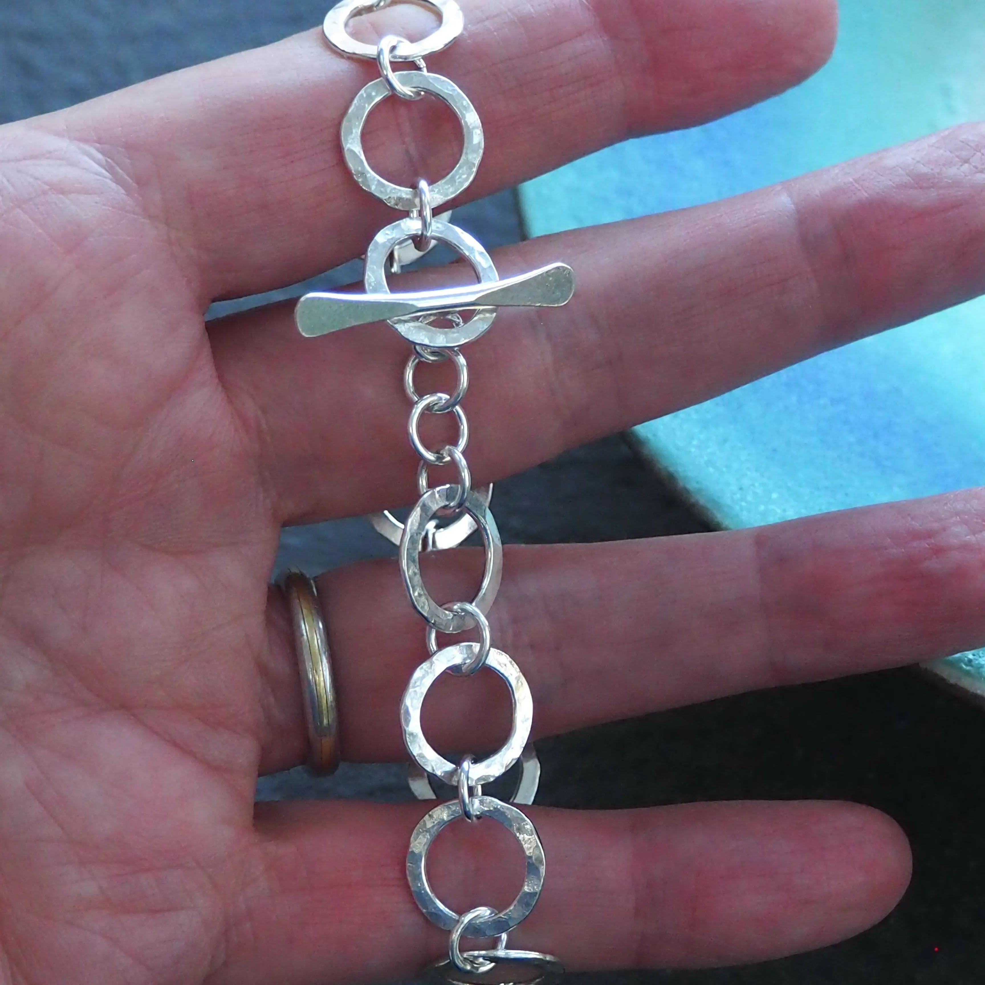 Argentium Silver Round Link Hallmarked Bracelet - Hammered Silver