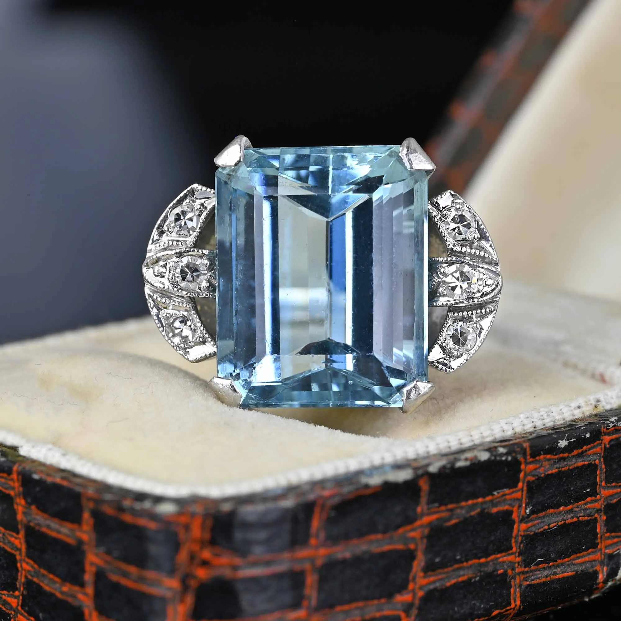 Art Deco Platinum Diamond Aquamarine Ring