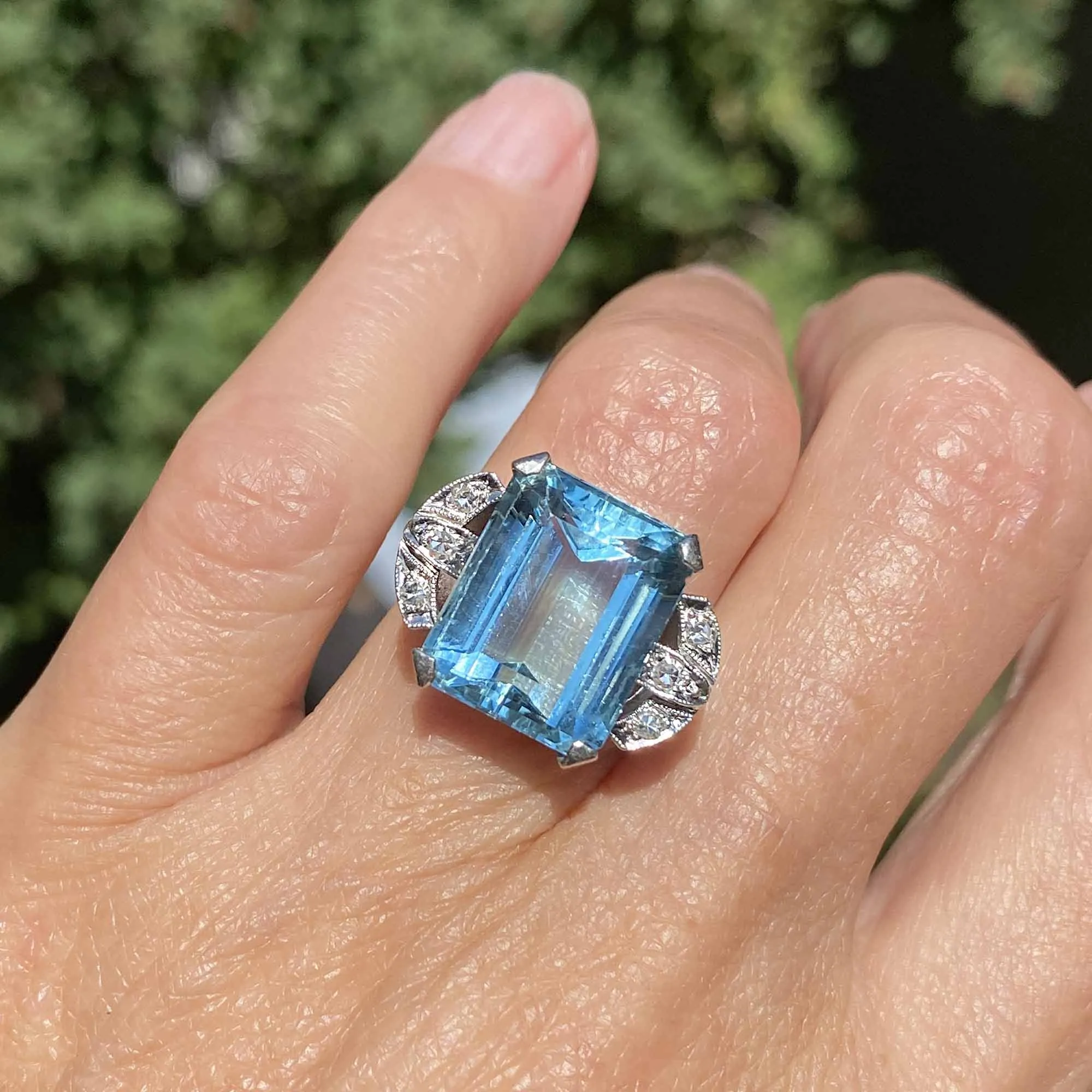 Art Deco Platinum Diamond Aquamarine Ring