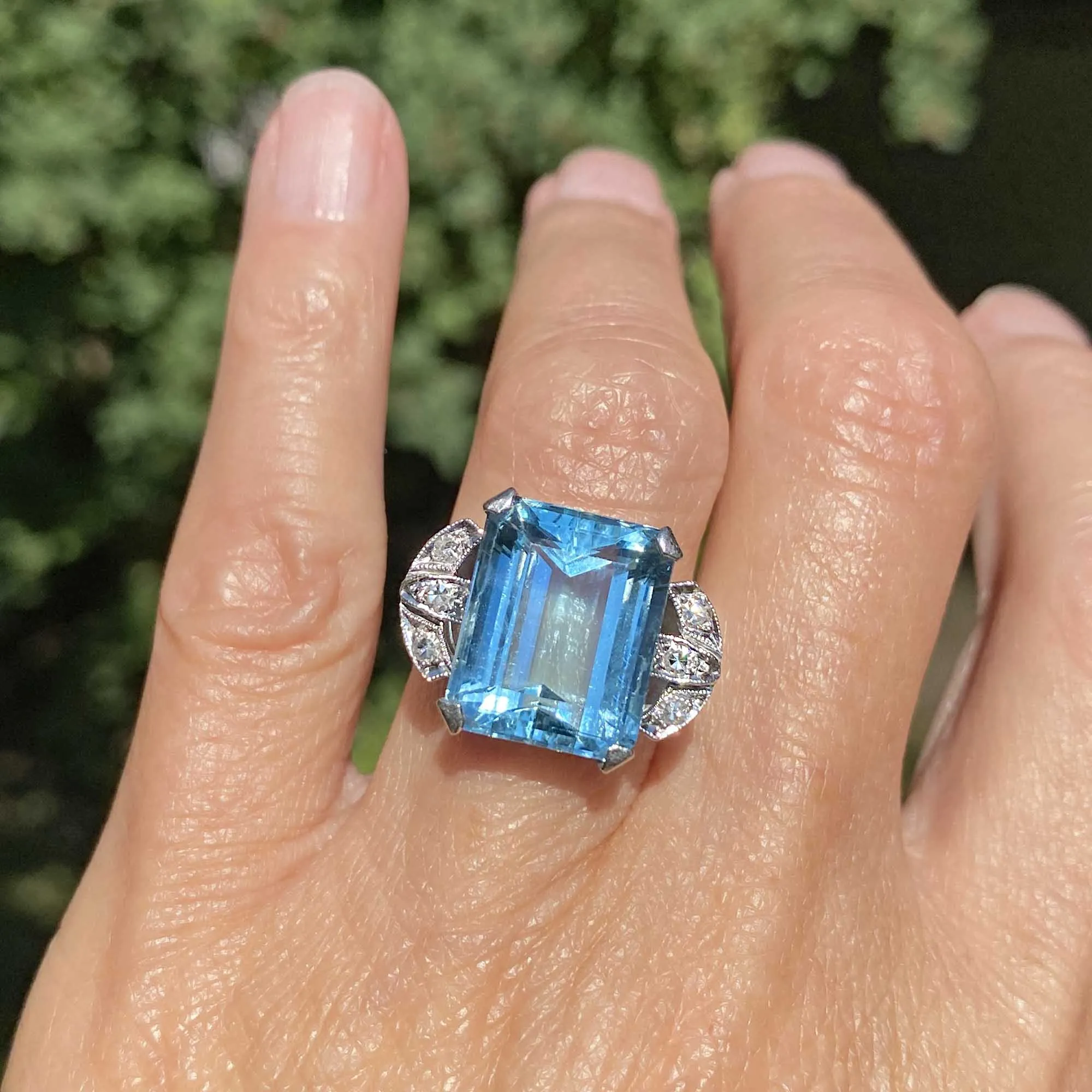 Art Deco Platinum Diamond Aquamarine Ring