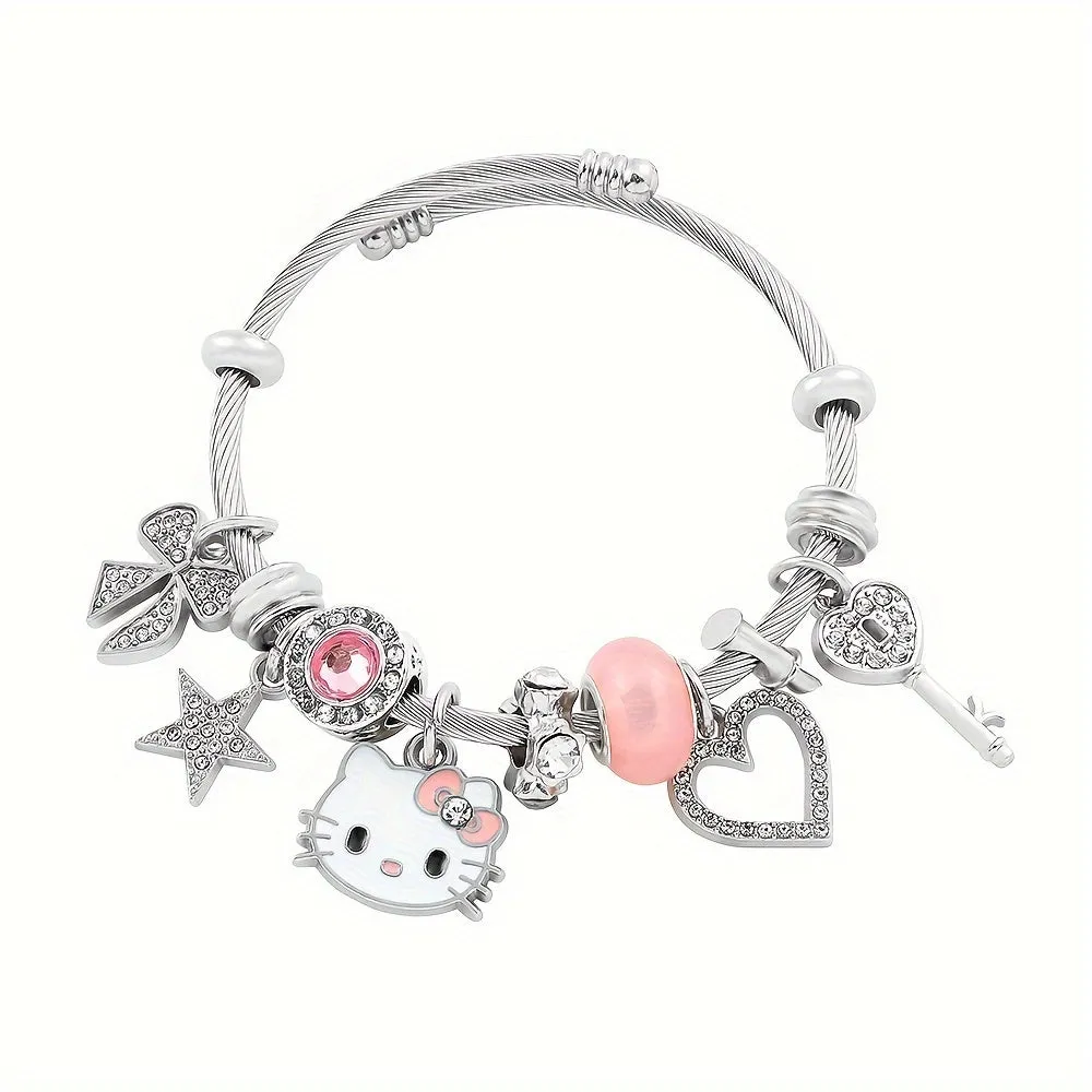 Authentic Sanrio Hello Kitty Charm Bracelet - Kawaii Style Zinc Alloy Oil Drip Finish Enamel Cartoon Anime Charms - Fashion Jewelry for Fans and Collectors with Unique Cartoon Design