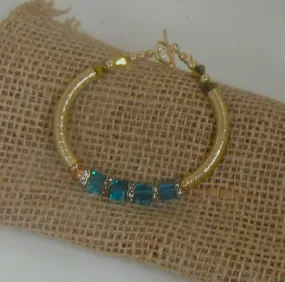 Bangle Bracelet with Blue Crystal Cube and Gold  Bangle