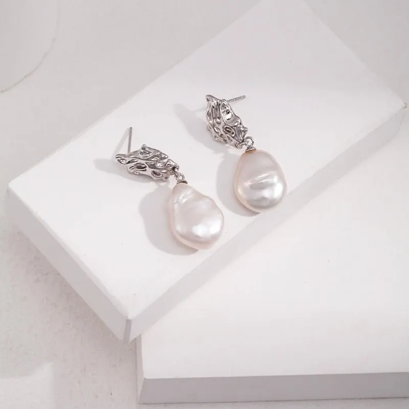 Baroque Pearl Drop Earrings-13mm in Sterling Silver