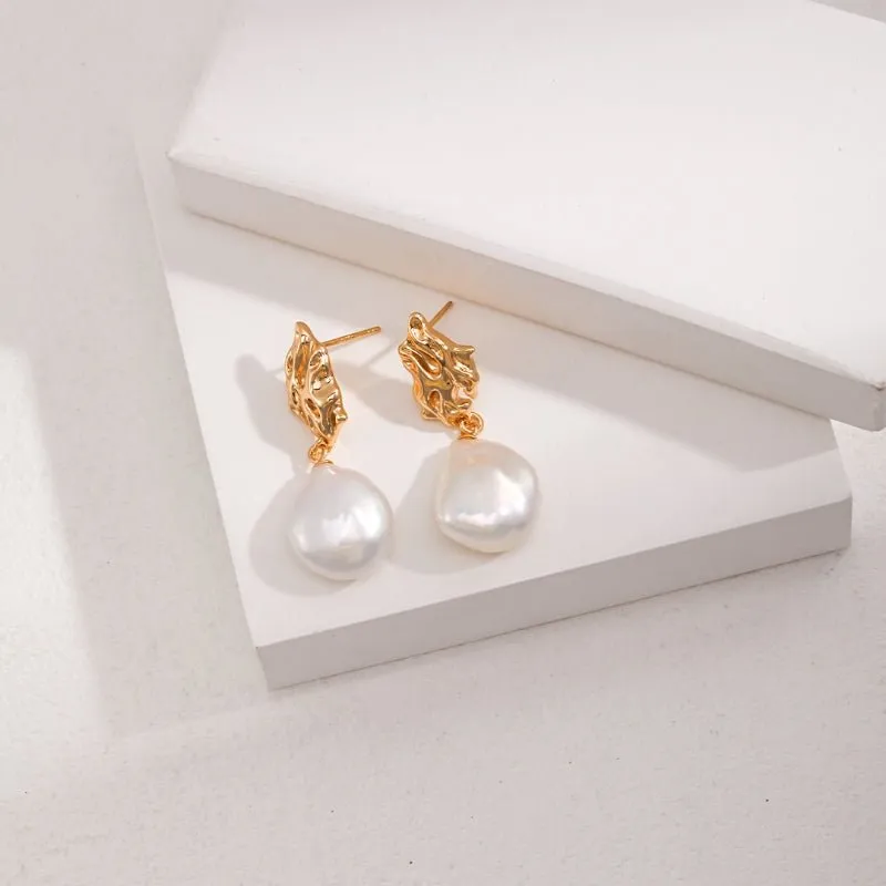 Baroque Pearl Drop Earrings-13mm in Sterling Silver