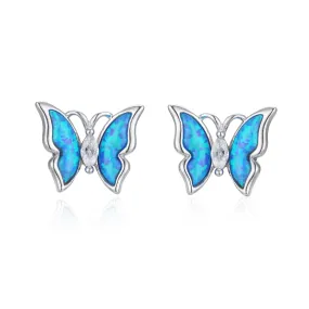 Blue Opal Stone with Marquise Zircon Butterfly Silver Studs Earrings for Women