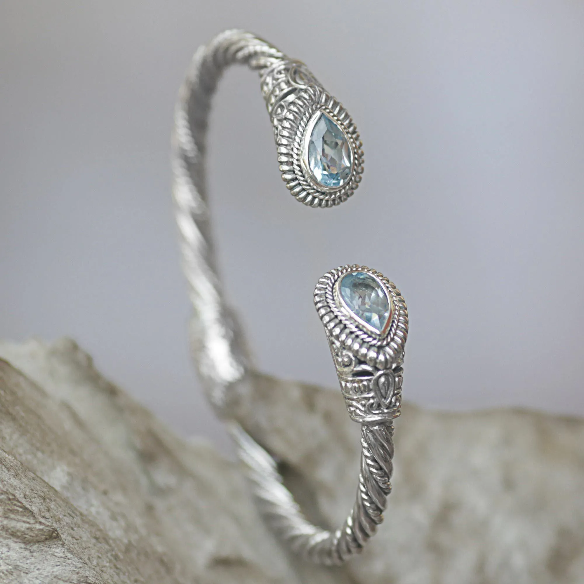 Blue Topaz & Sterling Silver Hinged Cuff Bracelet