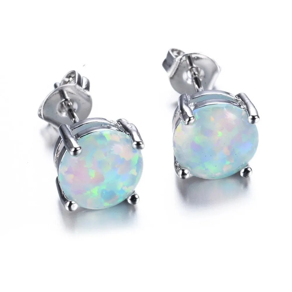 Bohemia Fire Opal Earrings For Women Ladies White Blue Red Purple Round White Gold Filled Double Side Stud Earrings