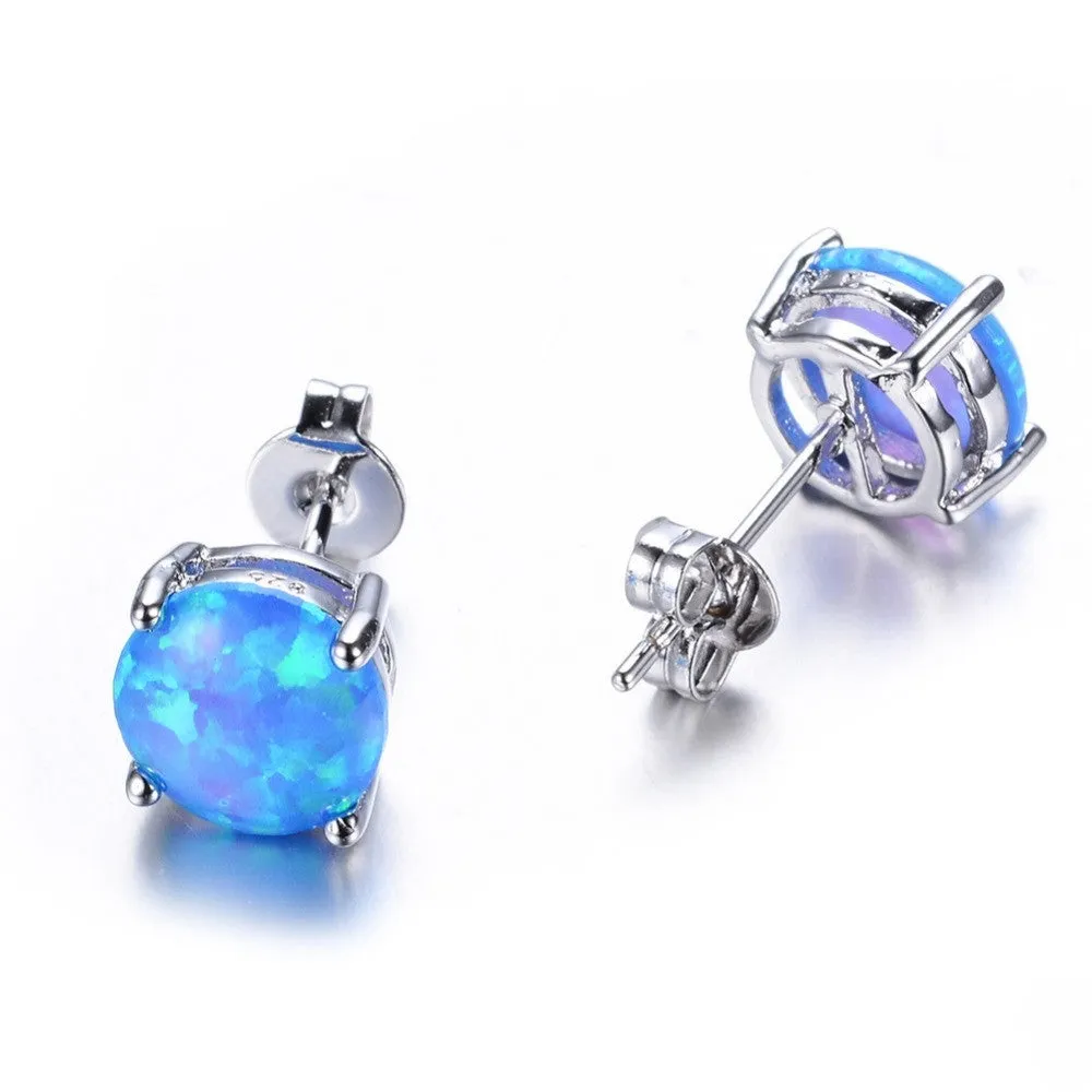 Bohemia Fire Opal Earrings For Women Ladies White Blue Red Purple Round White Gold Filled Double Side Stud Earrings