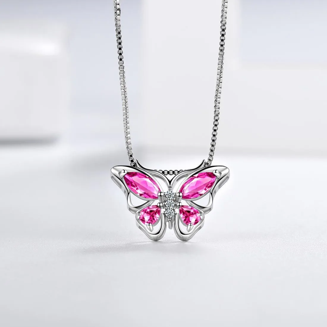 Butterfly Pendant Necklace Birthstone July Ruby Women Girls Jewelry Birthday Gift