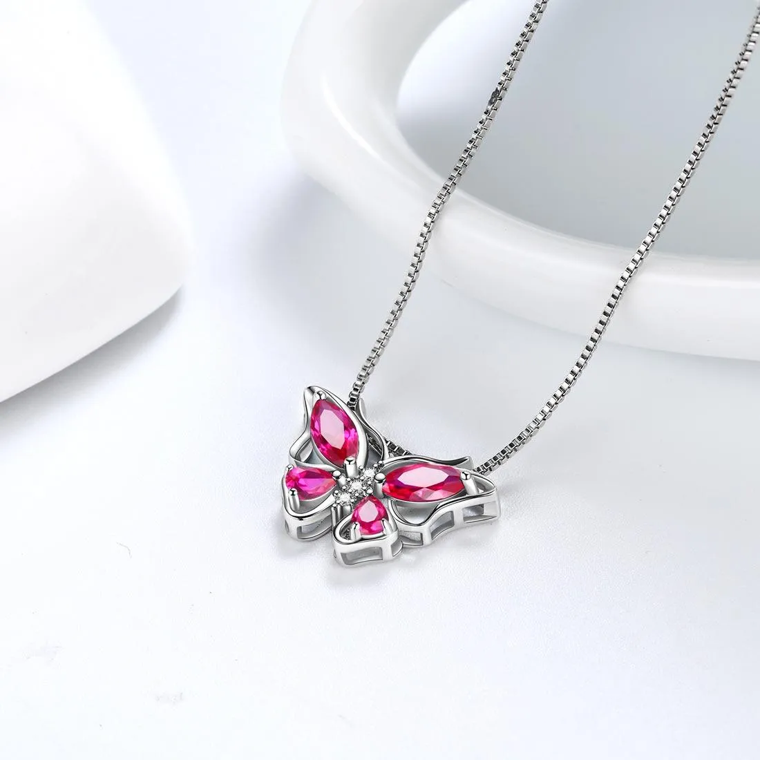 Butterfly Pendant Necklace Birthstone July Ruby Women Girls Jewelry Birthday Gift